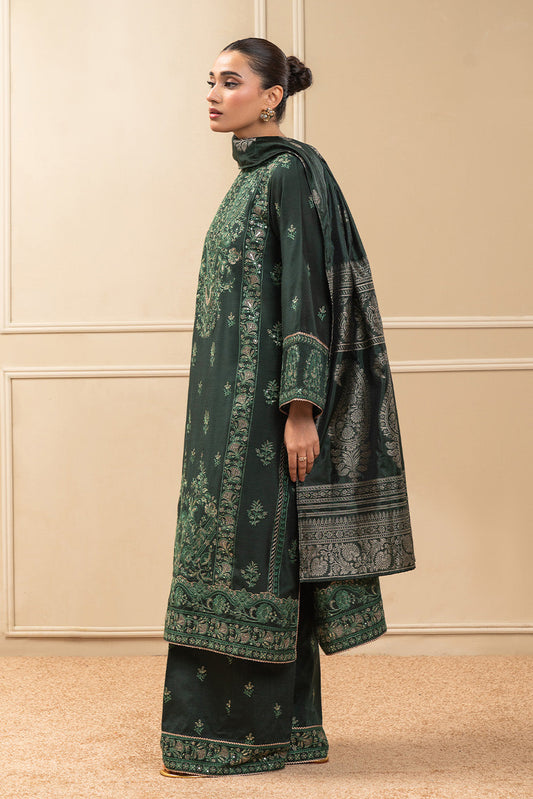 3 PIECE EMBROIDERED COTTON  RAW SILK SUIT-TWILIGHT EMERALD (UNSTITCHED)