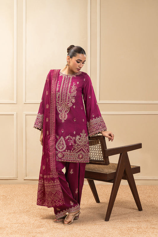 3 PIECE EMBROIDERED COTTON  RAW SILK SUIT-PLUM LUXE (UNSTITCHED)