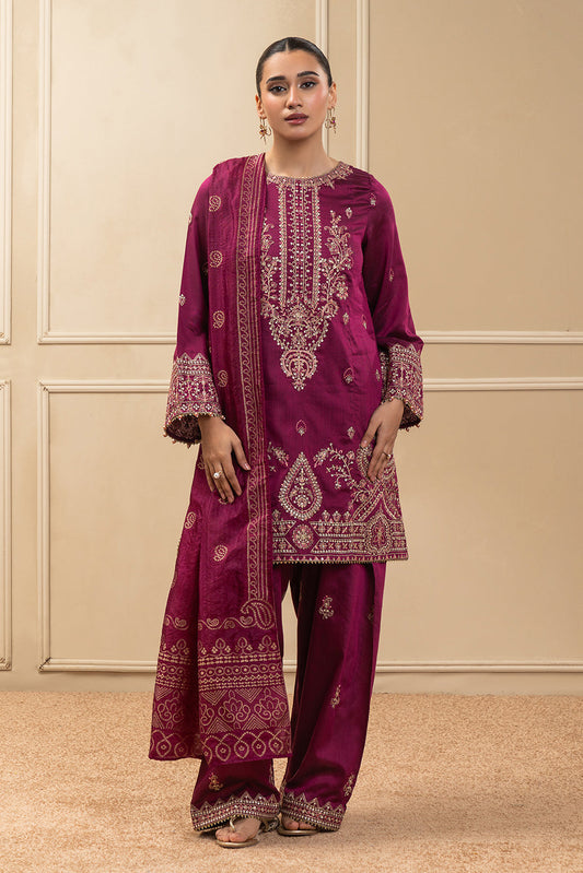 3 PIECE EMBROIDERED COTTON  RAW SILK SUIT-PLUM LUXE (UNSTITCHED)