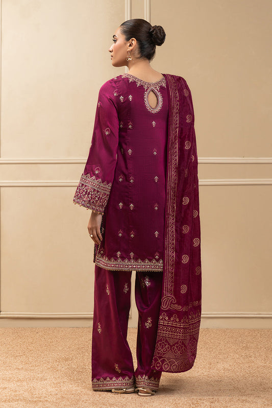 3 PIECE EMBROIDERED COTTON  RAW SILK SUIT-PLUM LUXE (UNSTITCHED)