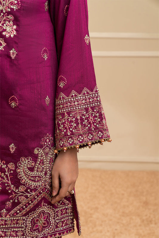 3 PIECE EMBROIDERED COTTON  RAW SILK SUIT-PLUM LUXE (UNSTITCHED)