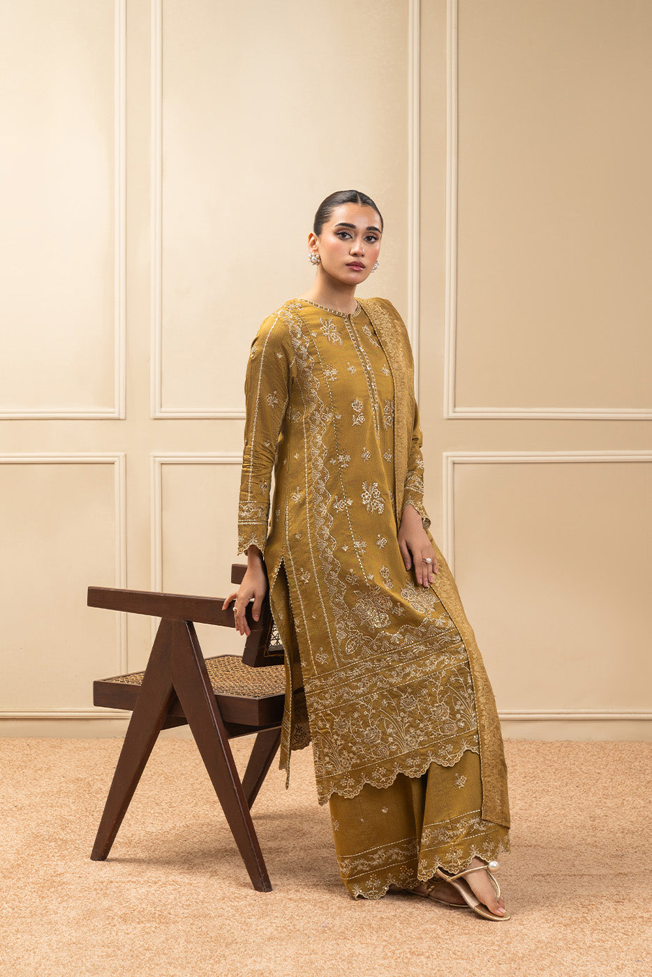 3 PIECE EMBROIDERED COTTON  RAW SILK SUIT-MUSTARD MEADOW (UNSTITCHED)