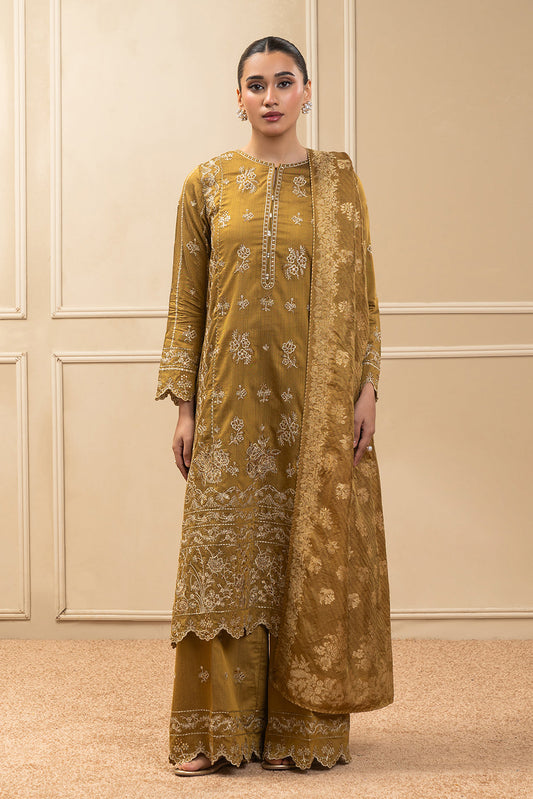 3 PIECE EMBROIDERED COTTON  RAW SILK SUIT-MUSTARD MEADOW (UNSTITCHED)