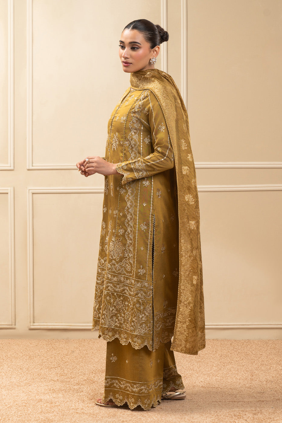 3 PIECE EMBROIDERED COTTON  RAW SILK SUIT-MUSTARD MEADOW (UNSTITCHED)