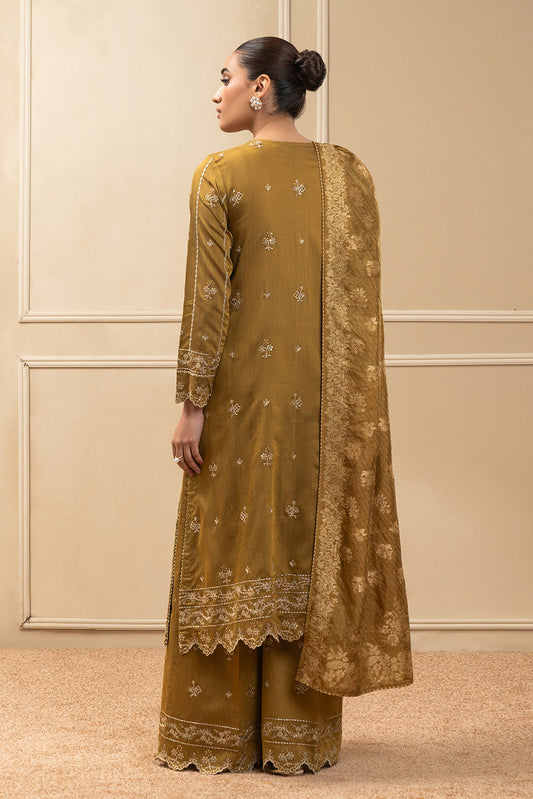 3 PIECE EMBROIDERED COTTON  RAW SILK SUIT-MUSTARD MEADOW (UNSTITCHED)