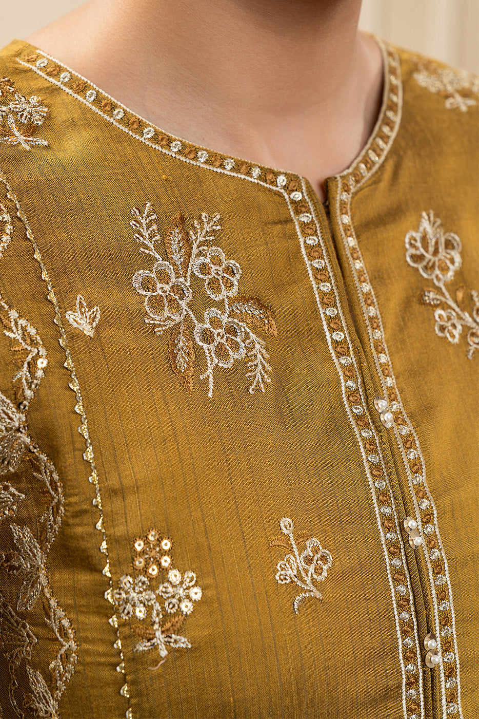 3 PIECE EMBROIDERED COTTON  RAW SILK SUIT-MUSTARD MEADOW (UNSTITCHED)