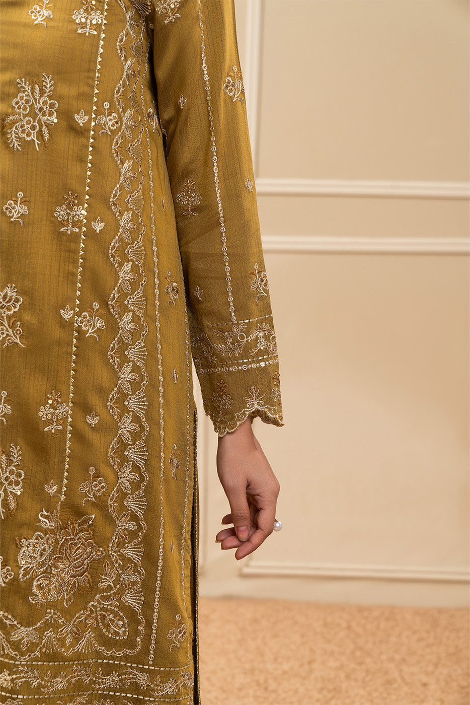 3 PIECE EMBROIDERED COTTON  RAW SILK SUIT-MUSTARD MEADOW (UNSTITCHED)