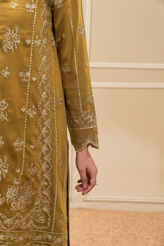 3 PIECE EMBROIDERED COTTON  RAW SILK SUIT-MUSTARD MEADOW (UNSTITCHED)