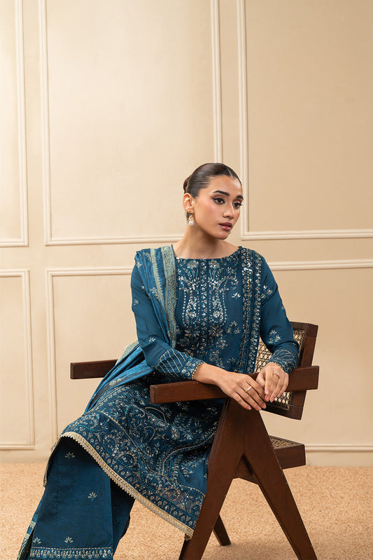 3 PIECE EMBROIDERED COTTON  RAW SILK SUIT-STARLIT SAPPHIRE (UNSTITCHED)