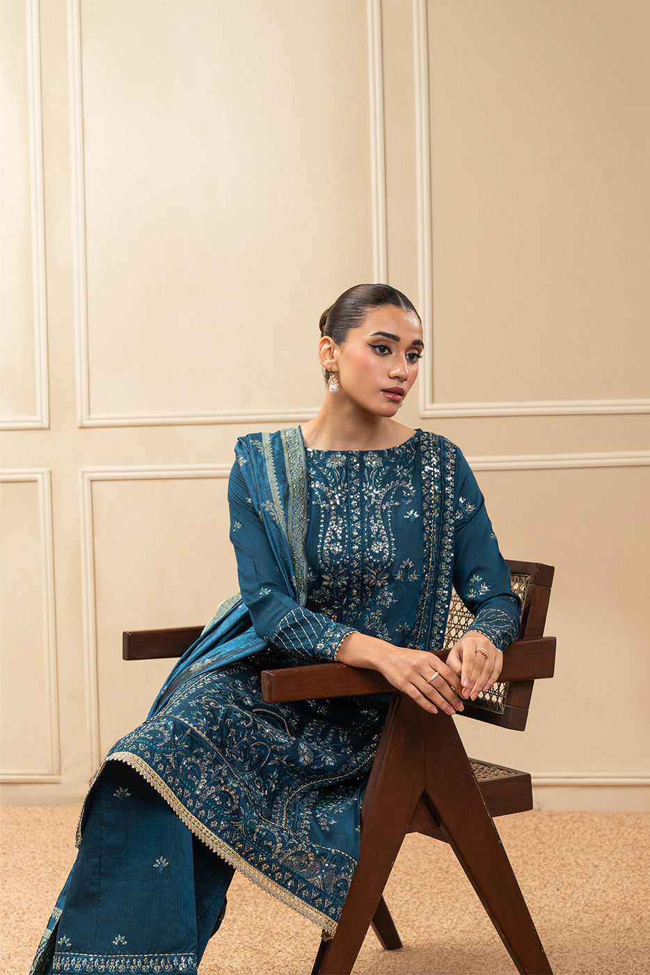3 PIECE EMBROIDERED COTTON  RAW SILK SUIT-STARLIT SAPPHIRE (UNSTITCHED)