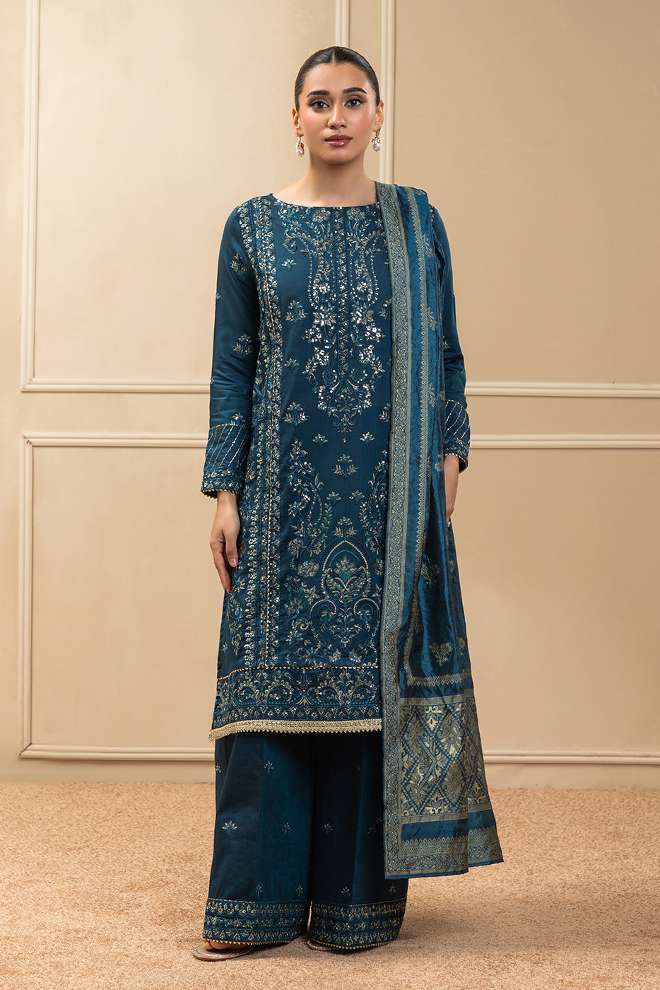 3 PIECE EMBROIDERED COTTON  RAW SILK SUIT-STARLIT SAPPHIRE (UNSTITCHED)