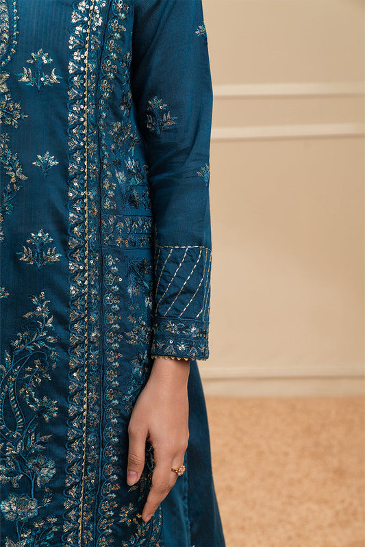 3 PIECE EMBROIDERED COTTON  RAW SILK SUIT-STARLIT SAPPHIRE (UNSTITCHED)