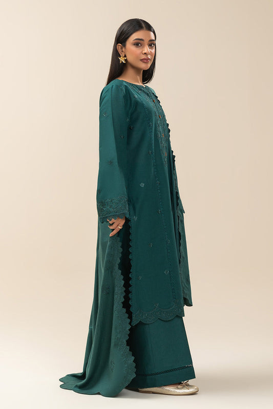 3 PIECE EMBROIDERED SLUB KHADDAR SUIT-MISTY TEALS (UNSTITCHED)