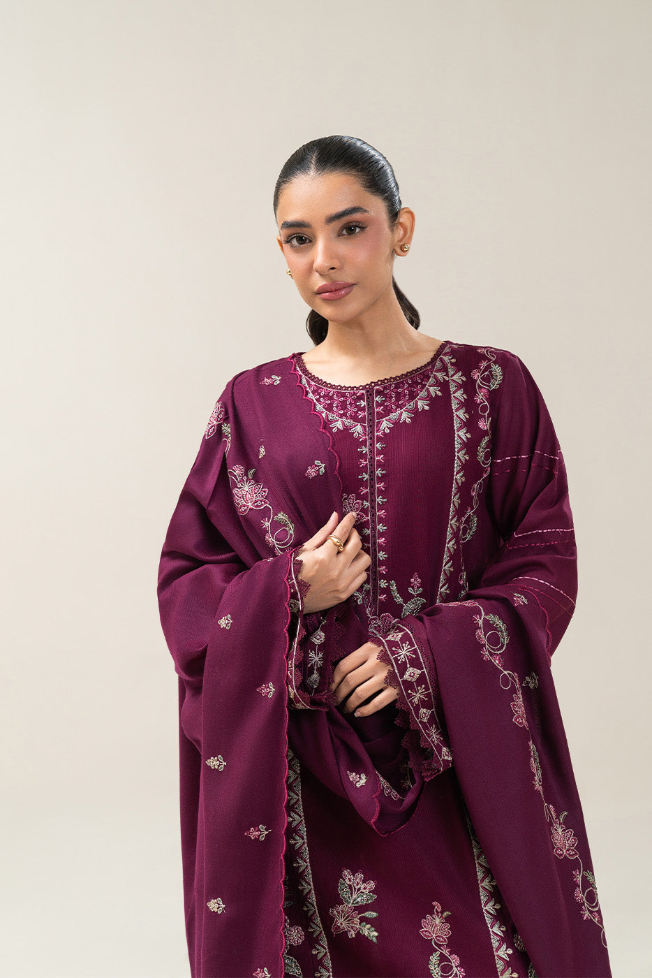 3 PIECE EMBROIDERED SLUB KHADDAR SUIT-CHERRY SORBET