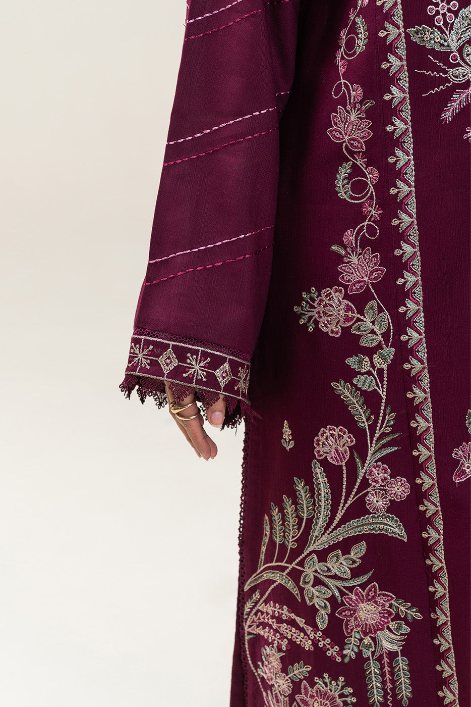 3 PIECE EMBROIDERED SLUB KHADDAR SUIT-CHERRY SORBET