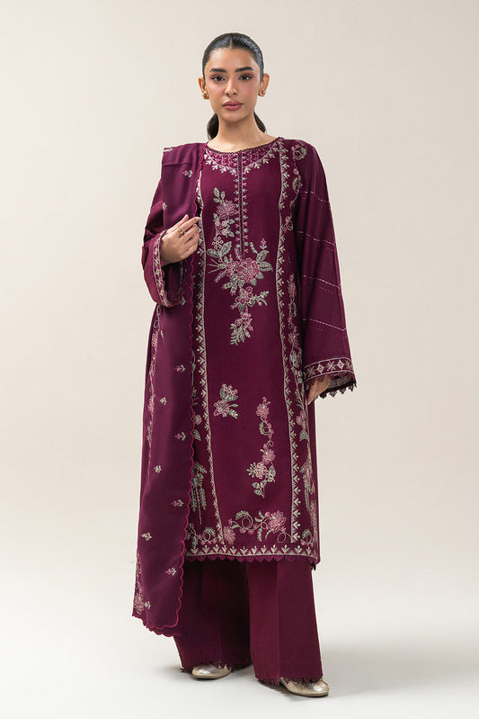 3 PIECE EMBROIDERED SLUB KHADDAR SUIT-CHERRY SORBET