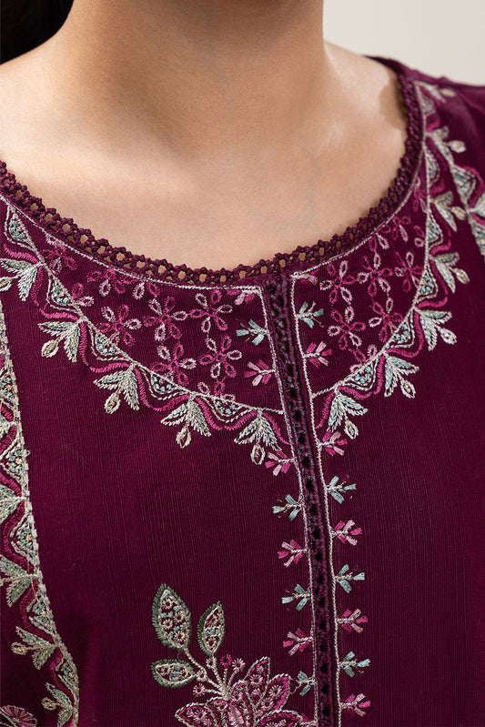 3 PIECE EMBROIDERED SLUB KHADDAR SUIT-CHERRY SORBET