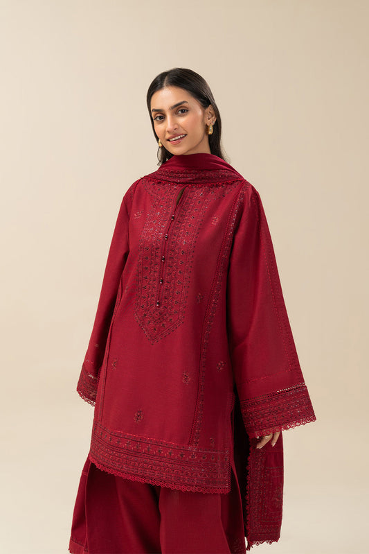 3 PIECE EMBROIDERED SLUB KHADDAR SUIT-GARNET GEM (UNSTITCHED)
