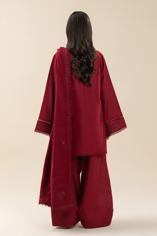 3 PIECE EMBROIDERED SLUB KHADDAR SUIT-GARNET GEM (UNSTITCHED)