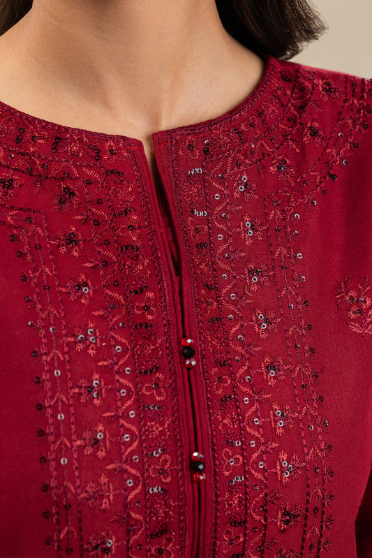3 PIECE EMBROIDERED SLUB KHADDAR SUIT-GARNET GEM (UNSTITCHED)
