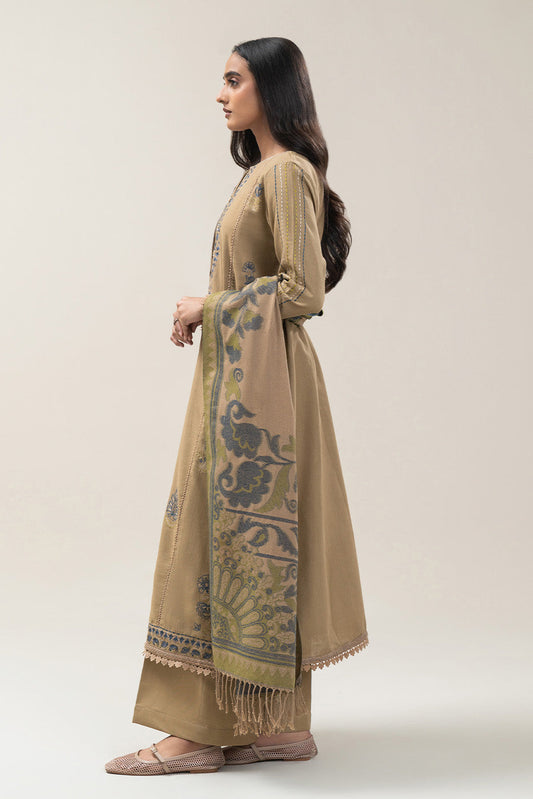 3 PIECE EMBROIDERED SLUB KHADDAR SUIT-MOSS MIST (UNSTITCHED)