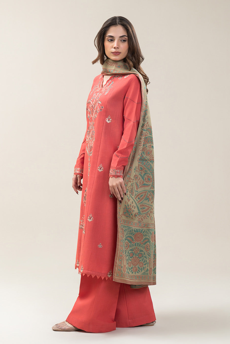 3 PIECE EMBROIDERED SLUB KHADDAR SUIT-CORAL NOIR (UNSTITCHED)