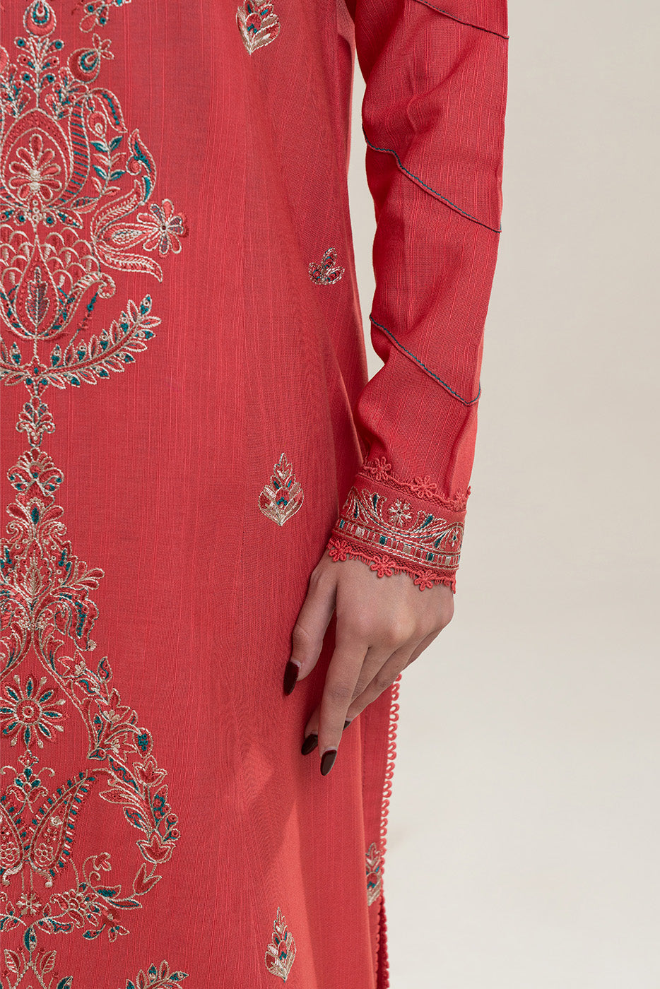 3 PIECE EMBROIDERED SLUB KHADDAR SUIT-CORAL NOIR (UNSTITCHED)