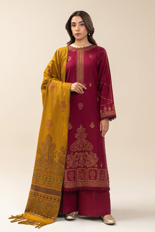 3 PIECE EMBROIDERED SLUB KHADDAR SUIT-SAFFRON RED (UNSTITCHED)