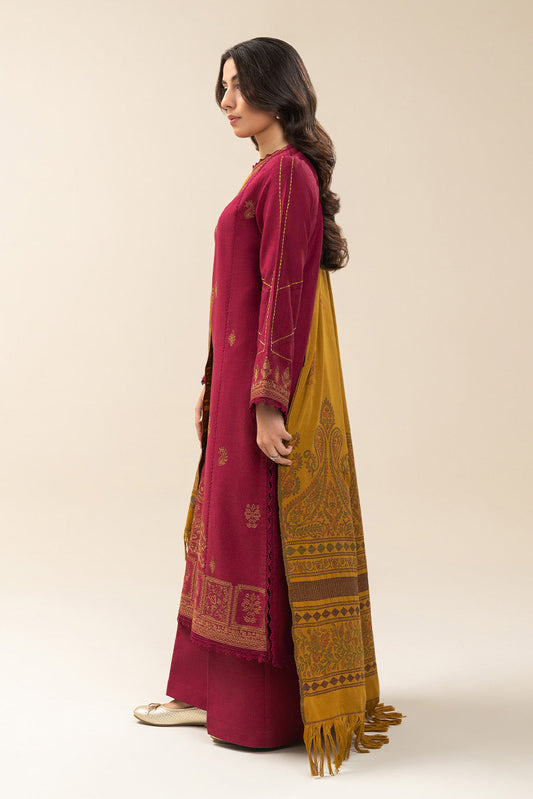3 PIECE EMBROIDERED SLUB KHADDAR SUIT-SAFFRON RED (UNSTITCHED)