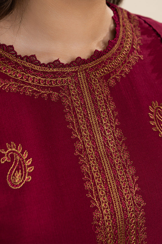 3 PIECE EMBROIDERED SLUB KHADDAR SUIT-SAFFRON RED (UNSTITCHED)