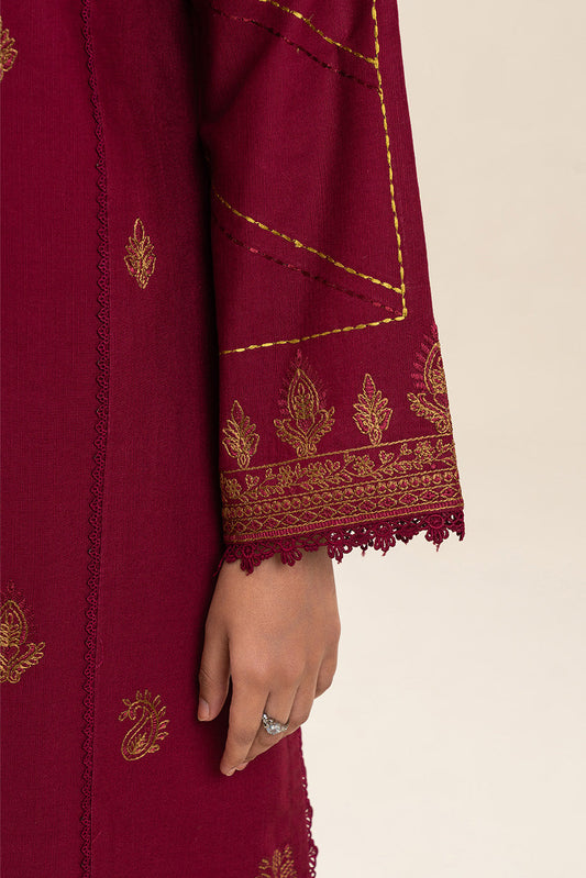 3 PIECE EMBROIDERED SLUB KHADDAR SUIT-SAFFRON RED (UNSTITCHED)