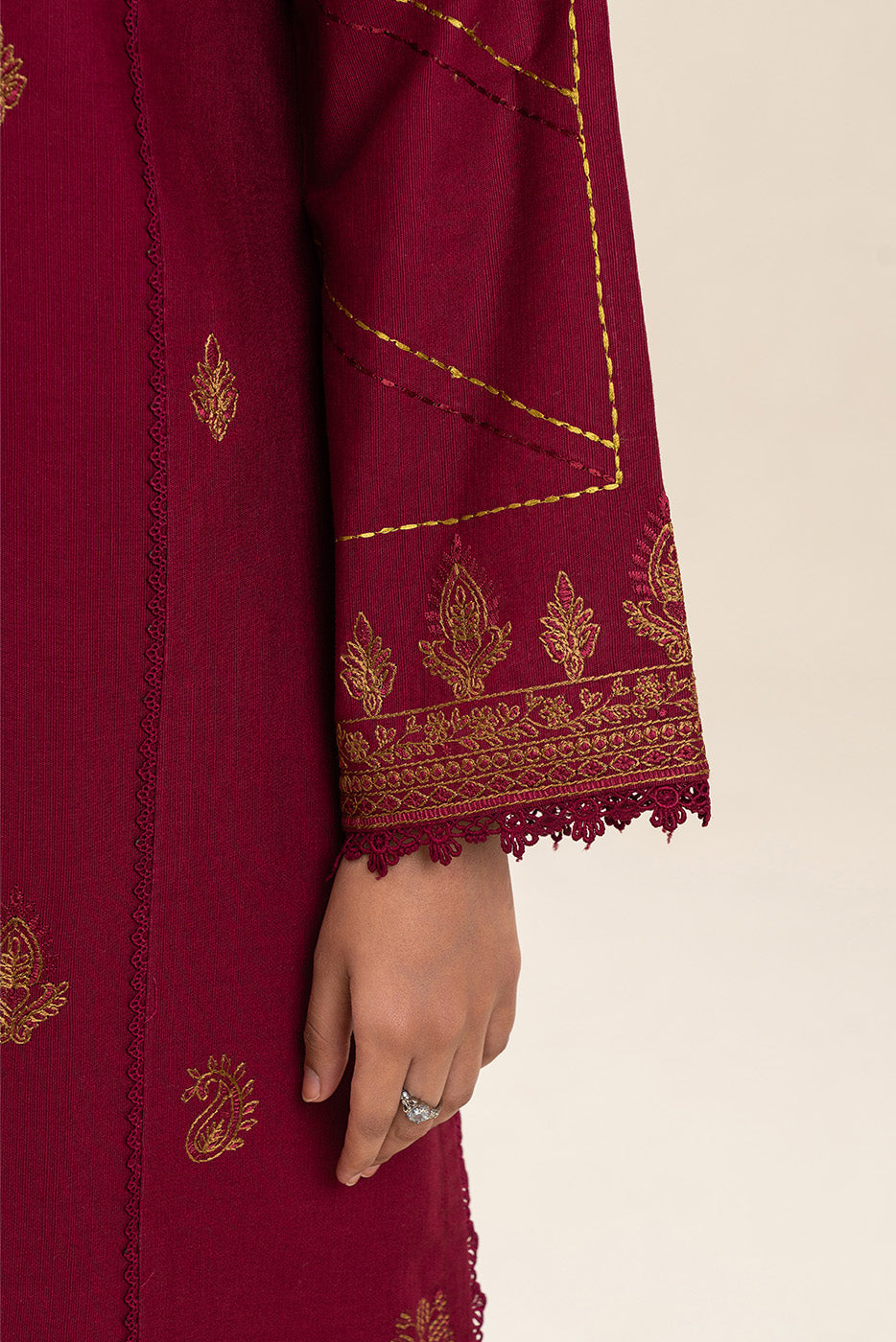 3 PIECE EMBROIDERED SLUB KHADDAR SUIT-SAFFRON RED (UNSTITCHED)