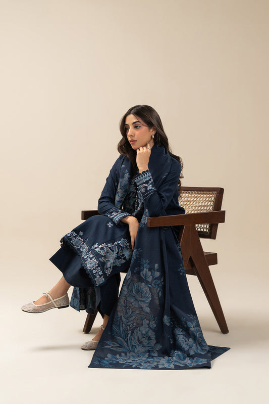 3 PIECE EMBROIDERED SLUB KHADDAR SUIT-NAVY GLEAM (UNSTITCHED)