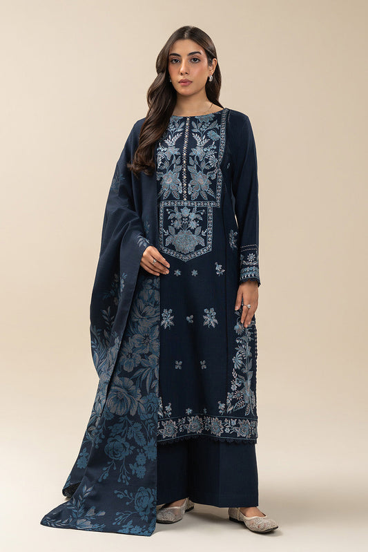 3 PIECE EMBROIDERED SLUB KHADDAR SUIT-NAVY GLEAM (UNSTITCHED)