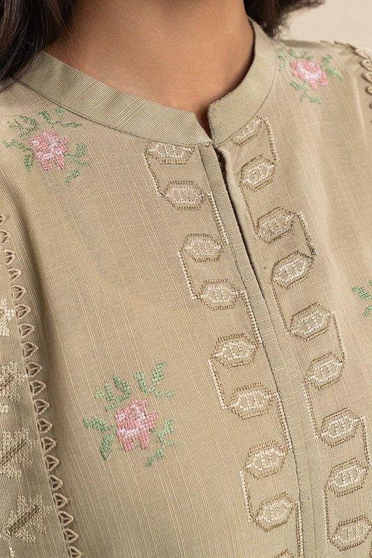 3 PIECE EMBROIDERED SLUB KHADDAR SUIT-LIGHT MOSS (UNSTITCHED)