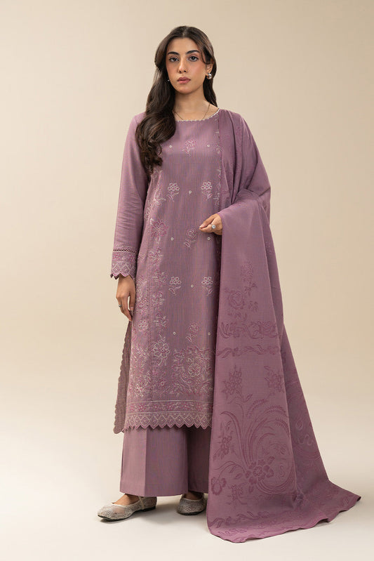3 PIECE EMBROIDERED SLUB KHADDAR SUIT-ANTIQUE MAUVE (UNSTITCHED)