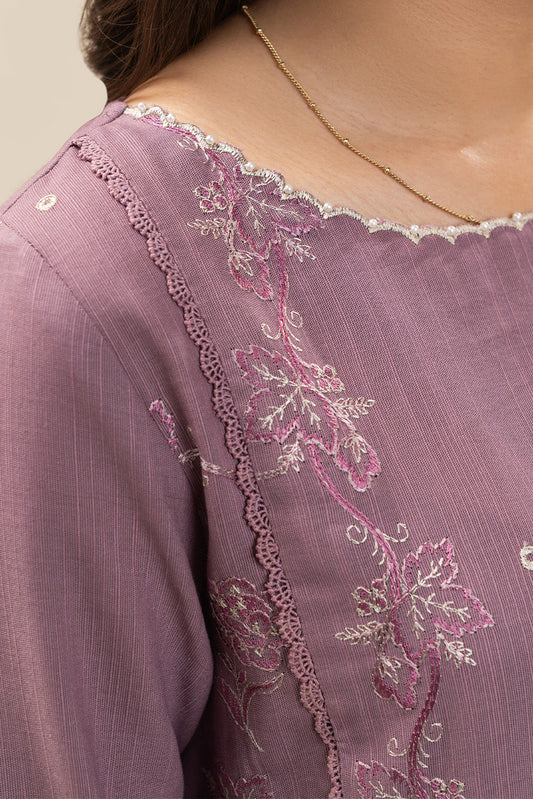 3 PIECE EMBROIDERED SLUB KHADDAR SUIT-ANTIQUE MAUVE (UNSTITCHED)