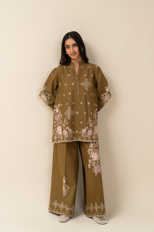 2 PIECE EMBROIDERED SLUB KHADDAR SUIT-SAGE BLOOM (UNSTITCHED)