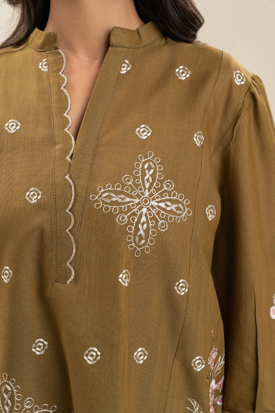 2 PIECE EMBROIDERED SLUB KHADDAR SUIT-SAGE BLOOM (UNSTITCHED)