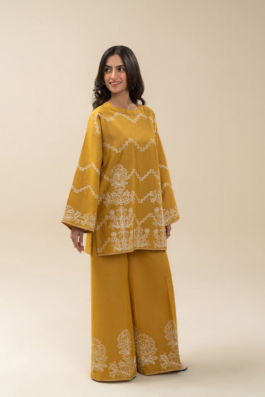 2 PIECE EMBROIDERED SLUB KHADDAR SUIT-MUSTARD MAZE (UNSTITCHED)