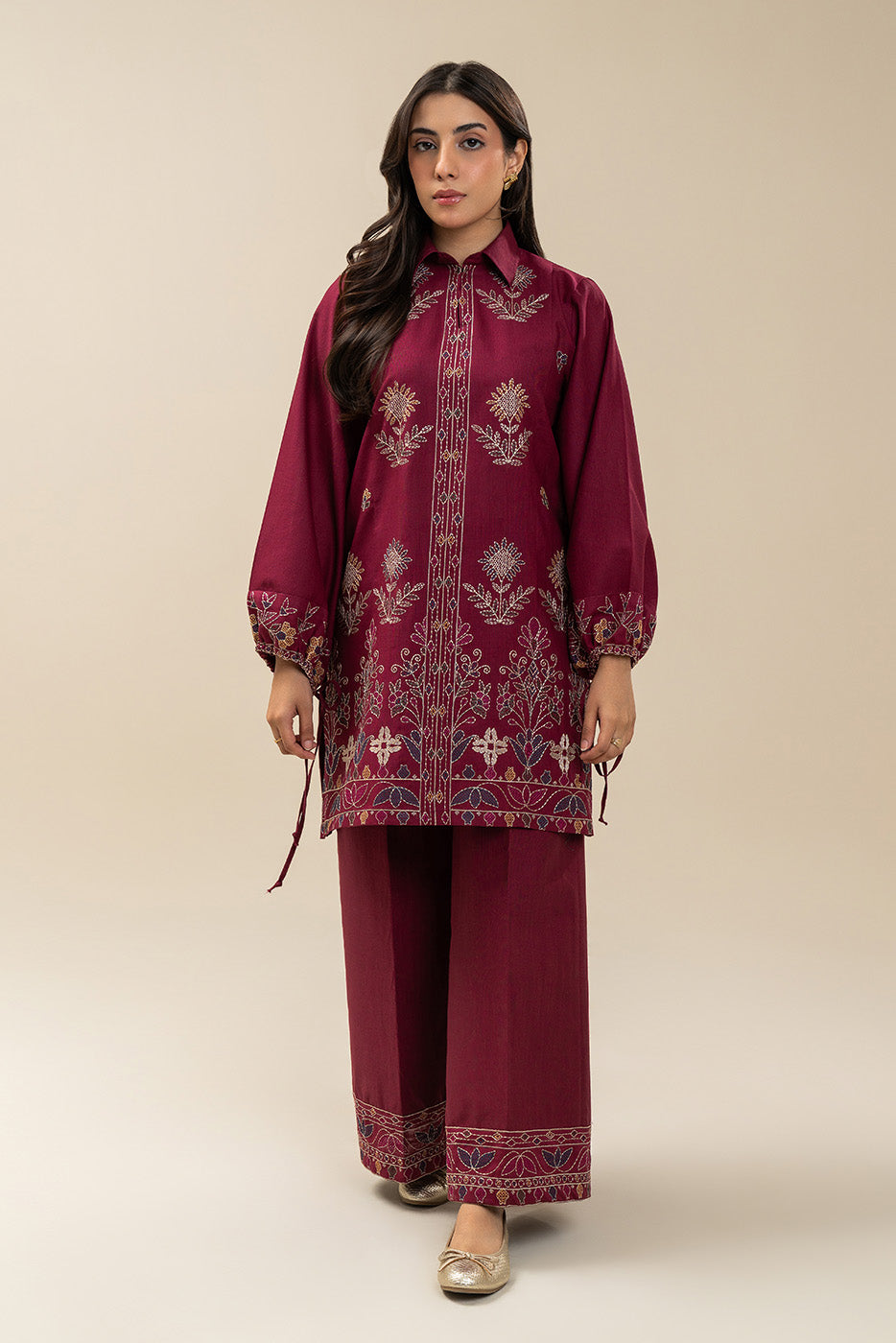 2 PIECE EMBROIDERED SLUB KHADDAR SUIT-BRICK RED (UNSTITCHED)