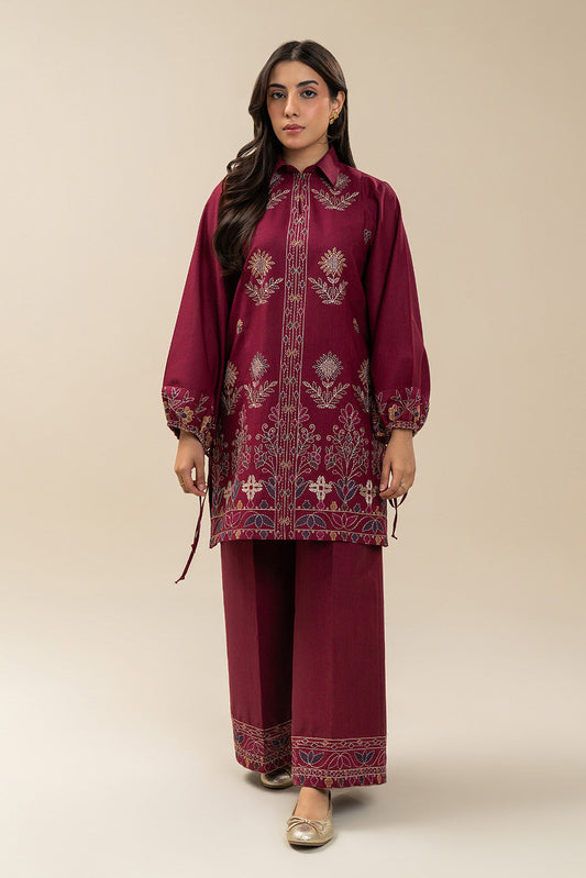 2 PIECE EMBROIDERED SLUB KHADDAR SUIT-BRICK RED (UNSTITCHED)