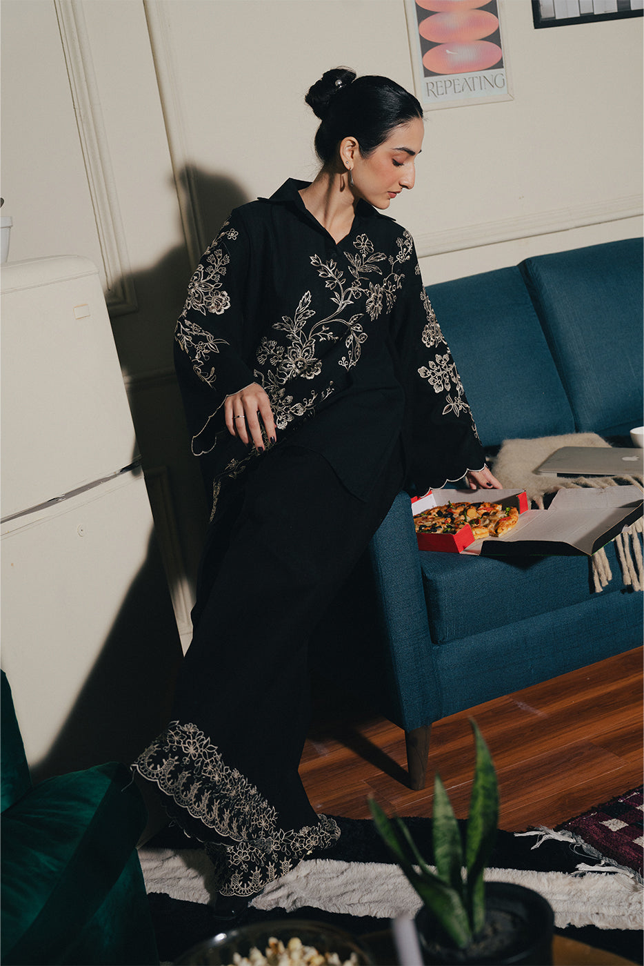 2 PIECE EMBROIDERED SLUB KHADDAR SUIT-OBSIDIAN GLINT (UNSTITCHED)