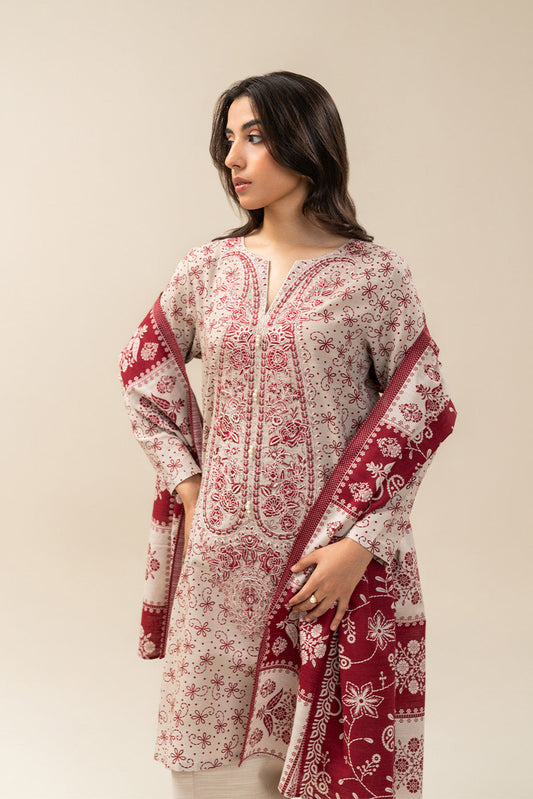 3 PIECE EMBROIDERED SLUB KHADDAR SUIT-MISTY WHITE (UNSTITCHED)