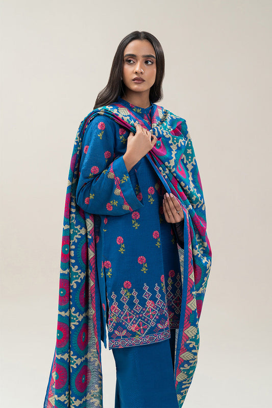 3 PIECE EMBROIDERED SLUB KHADDAR SUIT-AZURE BLOOM (UNSTITCHED)