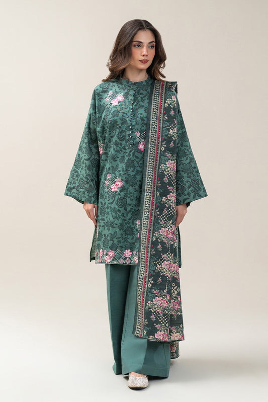 3 PIECE EMBROIDERED SLUB KHADDAR SUIT-TEAL MIST (UNSTITCHED)