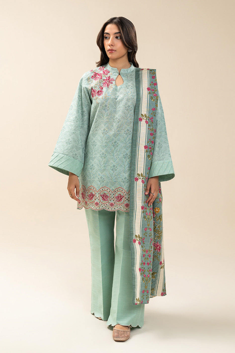 3 PIECE EMBROIDERED SLUB KHADDAR SUIT-AQUA SPRING (UNSTITCHED)