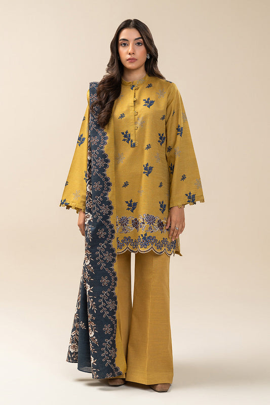 3 PIECE EMBROIDERED SLUB KHADDAR SUIT-SAFFRON CHARM (UNSTITCHED)