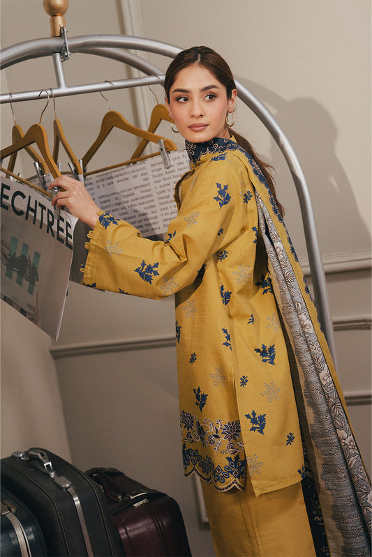 3 PIECE EMBROIDERED SLUB KHADDAR SUIT-SAFFRON CHARM (UNSTITCHED)