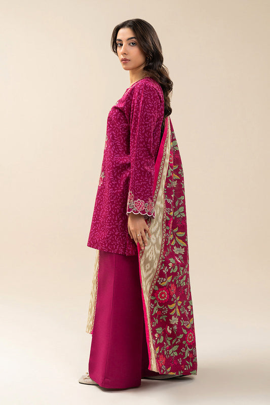 3 PIECE EMBROIDERED SLUB KHADDAR SUIT-ROSE BERRY (UNSTITCHED)